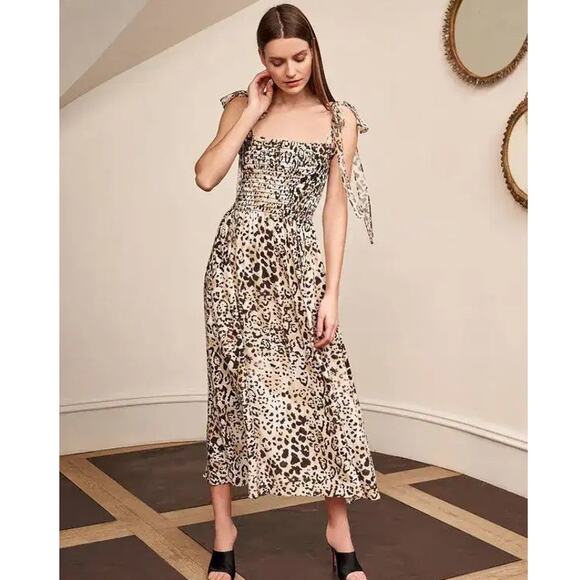 La Ligne Lou Dress 100% silk tie strap leopard print smocked midi size large L